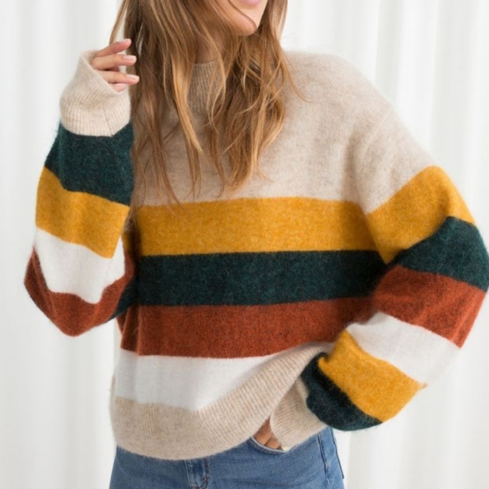 & Other Stories Beige Striped Turtleneck Sweater, Size L